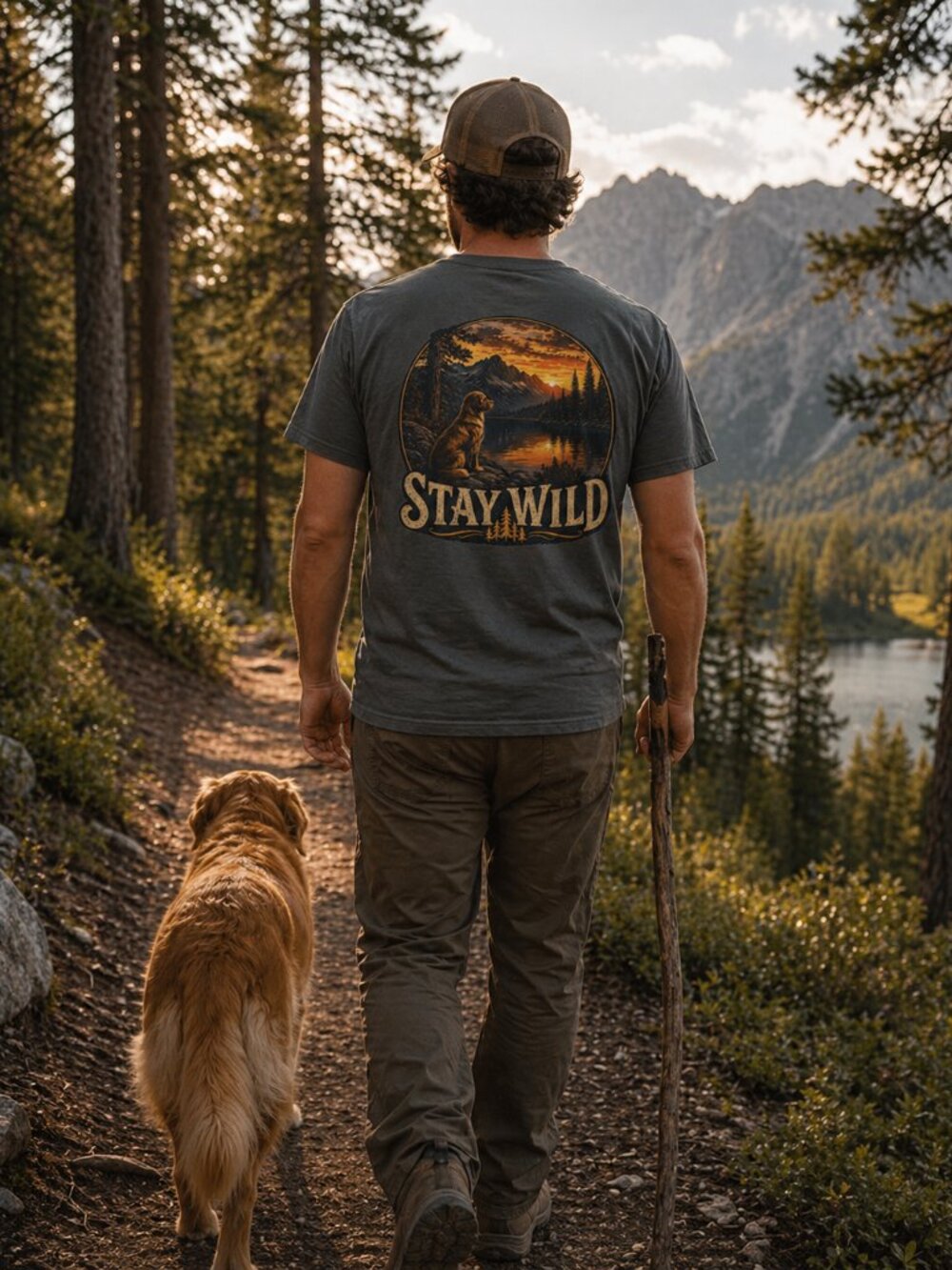 Stillwater Trading Co. Stay Wild Golden Retriever Tee - Charcoal Size XL
